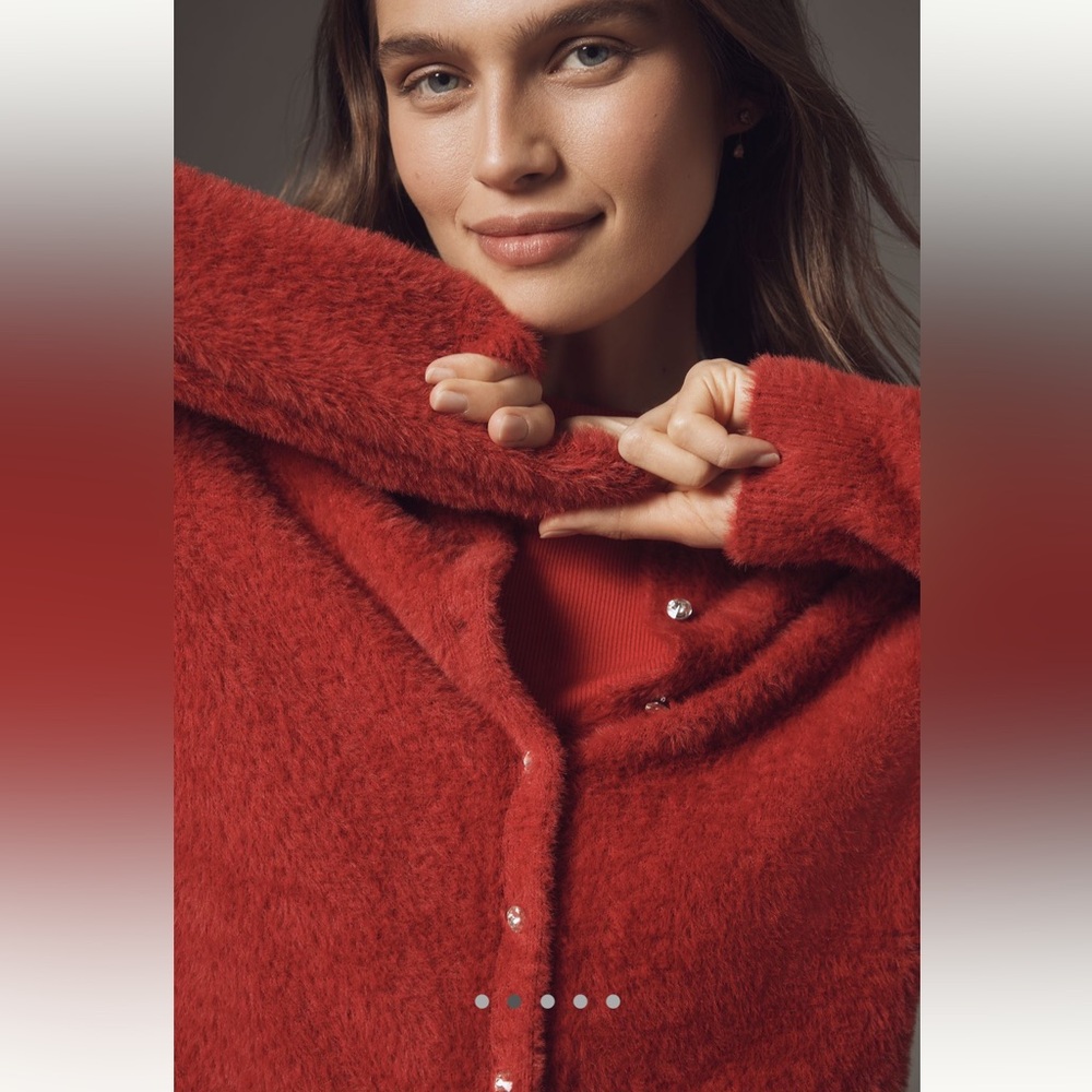 New Anthropologie Juliet Plush Eyelash Red Cardigan Sweater Crystal Buttons XL